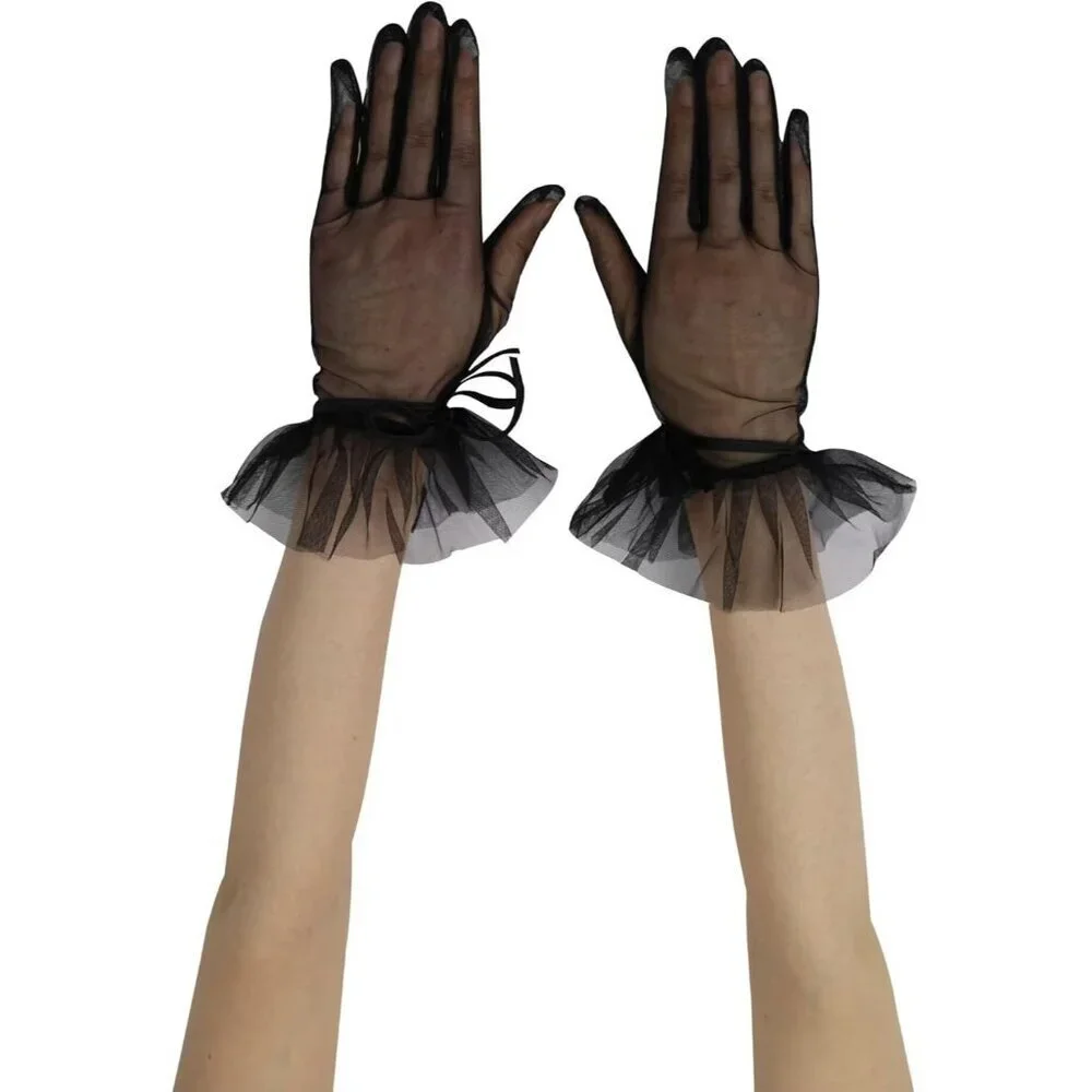 Women's Evening Blue Ruffles Mesh Tulle Short Gloves Wedding Party Accessory
